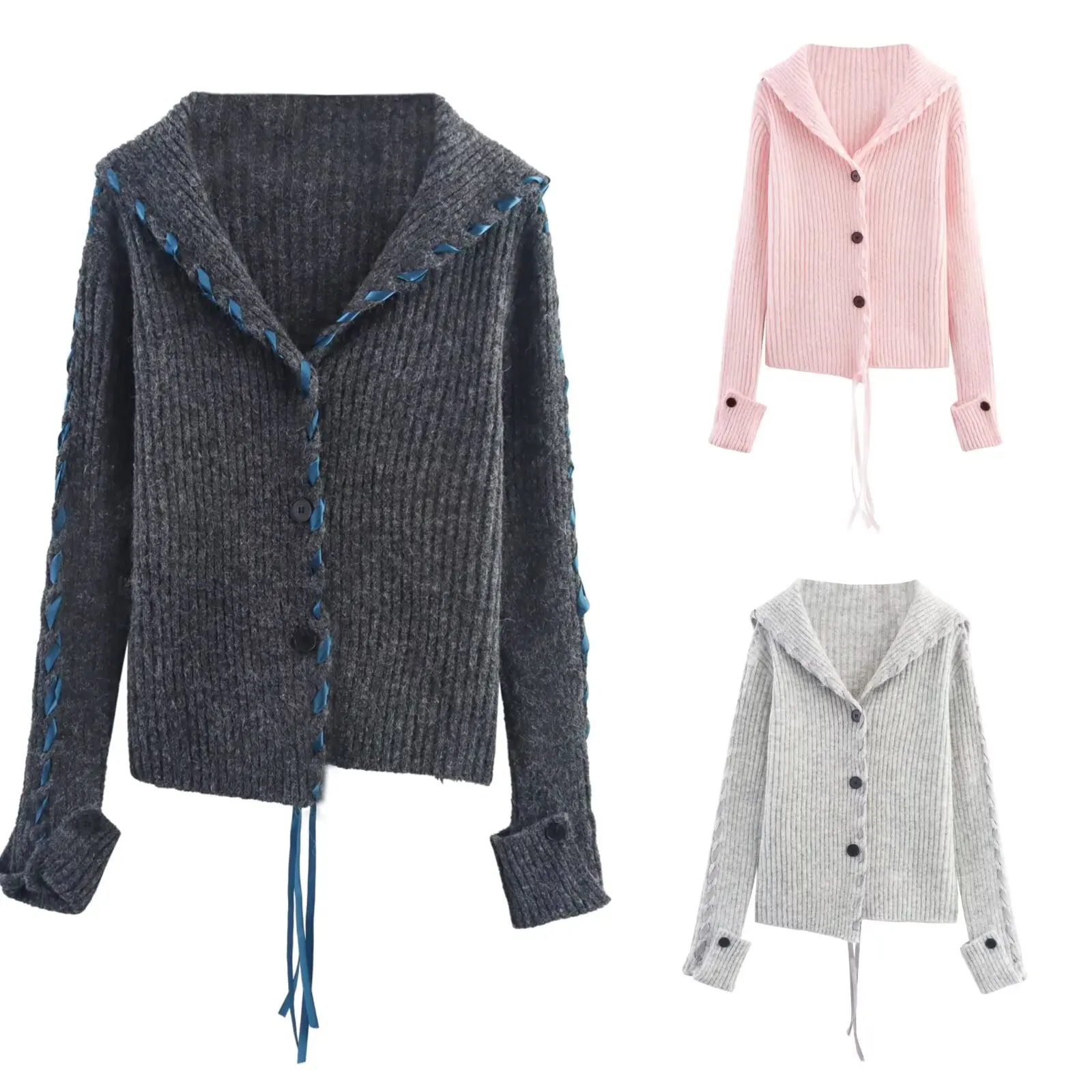 

MYST&ZA women's autumn new asymmetrical ribbon decoration casual elegant fashion navy collar long-sleeved knitted cardigan