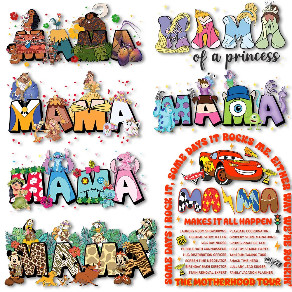 

Mama Princesses Mickey Minnie Cars Heat Press Stickers Thermal Patches DIY Clothes Iron on Decals for Tshirts