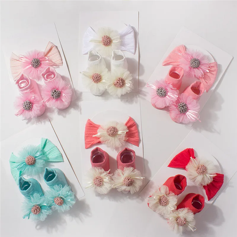 

Baby Flower Headband Socks Set Solid Color Princess Girl Elastic Hairbands
