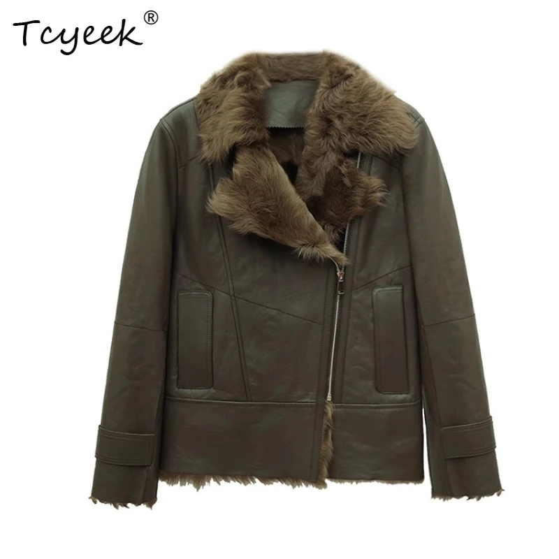 Tcyeek Prawdziwa Wełna Jesień Zima Elegancki Modny Jednolity Kolor Płaszcz Damski Średniej Długości z Wełny Jagnięcej Futro Shearling Fourrures Femme