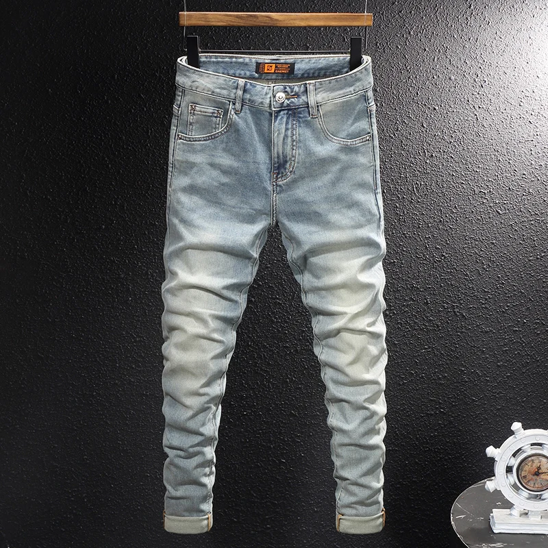 

Designer Fashion Men Jeans Retro Washed Blue Stretch Slim Fit Vintage Jeans Men Korean Style Y2K Casual Denim Pencil Pants Homme