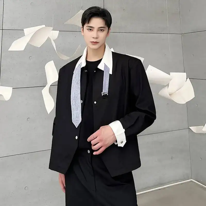 LUZHEN Long 2026 Spring New Faux Necktie Patchwork Decorate Sleeve Shirts Coat Men's Fashion Handsome Elegant Casual Tops JY7614