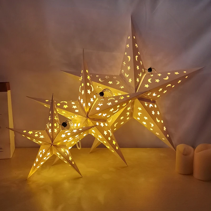 30/45/60cm Hollow Out Star Hanging Ornaments Eid Mubarak Wedding Decorative Home Islamic Muslim Light Paper Lantern Star Decor