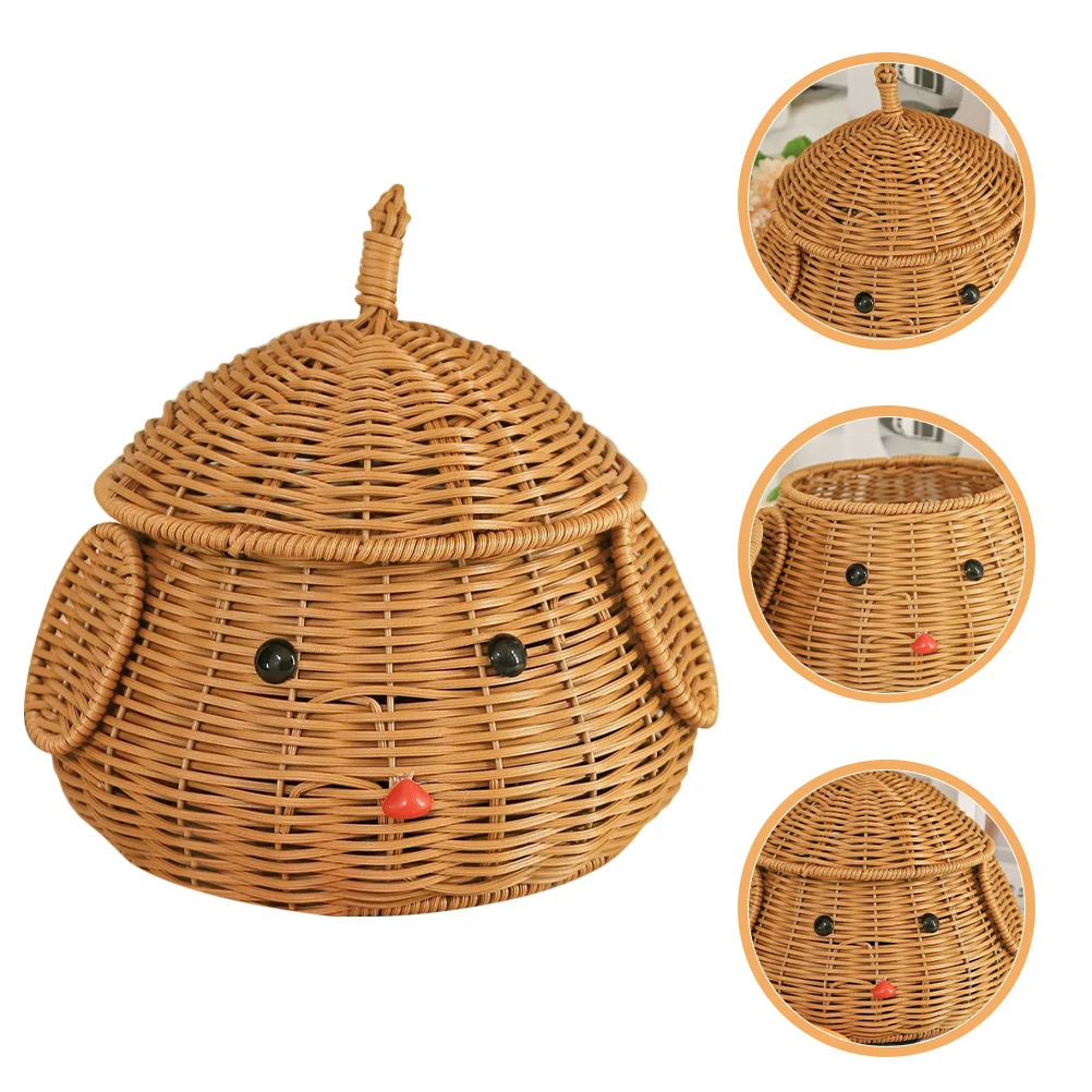 

Imitation Rattan Dog Shaped Woven Desktop Storage Basket Lid Handmade Snack Fruit Organizer Decorative Basket for Home Office