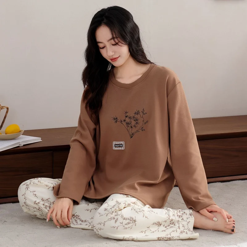 

Весенние пижамные комплекты 2026 года с длинным рукавом из 100% хлопка с принтом для женщин, корейская свободная домашняя одежда для сна, пижамы, домашняя одежда для женщин