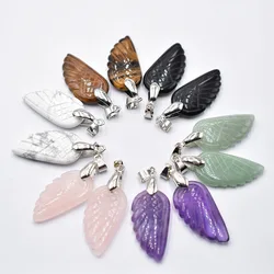 Natural Stone Angel Wing Pendants Healing Crystal Quartz Amethyst Opal Gemstone Women Men Charm for Necklaces Gift 6pcs/lot