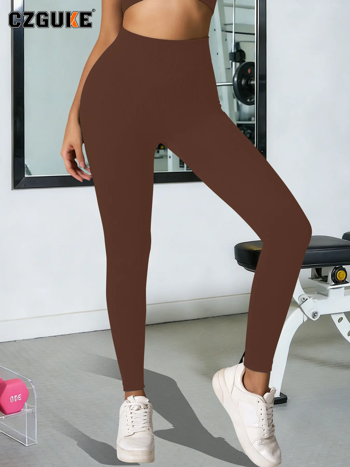 CZGUKE-Women Ribbed Seamless High Waist Yoga Leggings Butt Lifting Stretch Fitness Pants Breathable Gym Running Workout  Tights