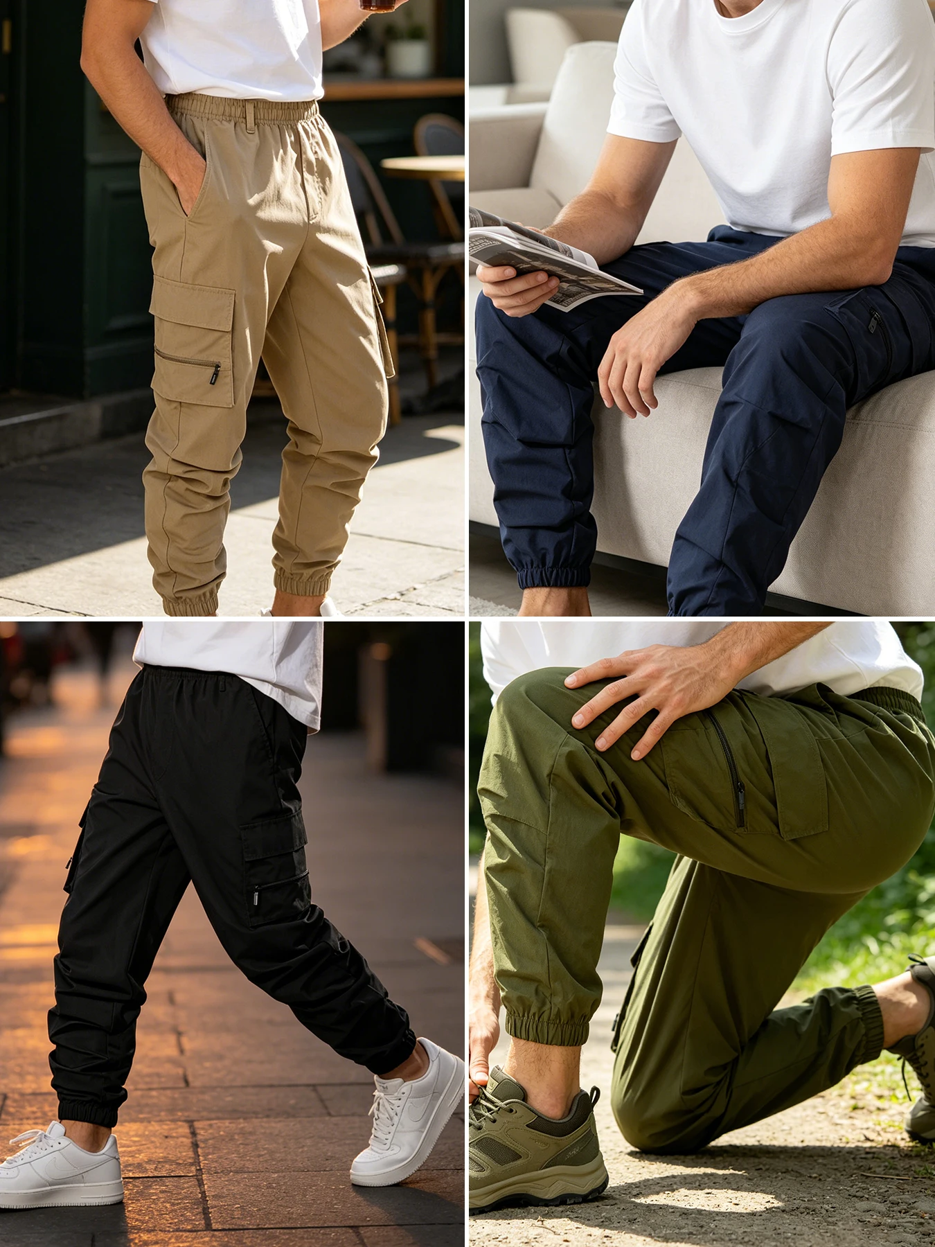 Mens Light Woven Zipper Pocket Cargo Jogger Pants Full Elastic Waist Cuff Wrinkle Free Shrink Resistant Outdoor Street Casual - view 5