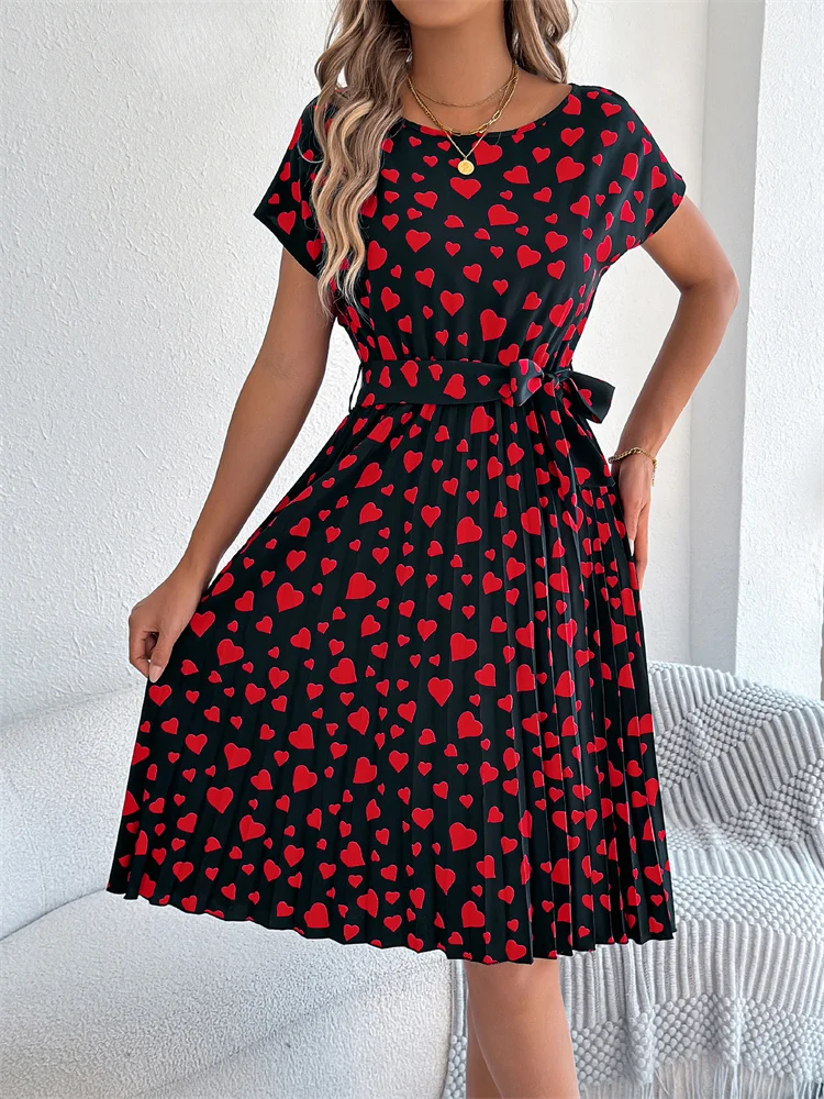 Elegante hartprint veterjurk zomer dames ronde hals geplooide middellange lange jurk