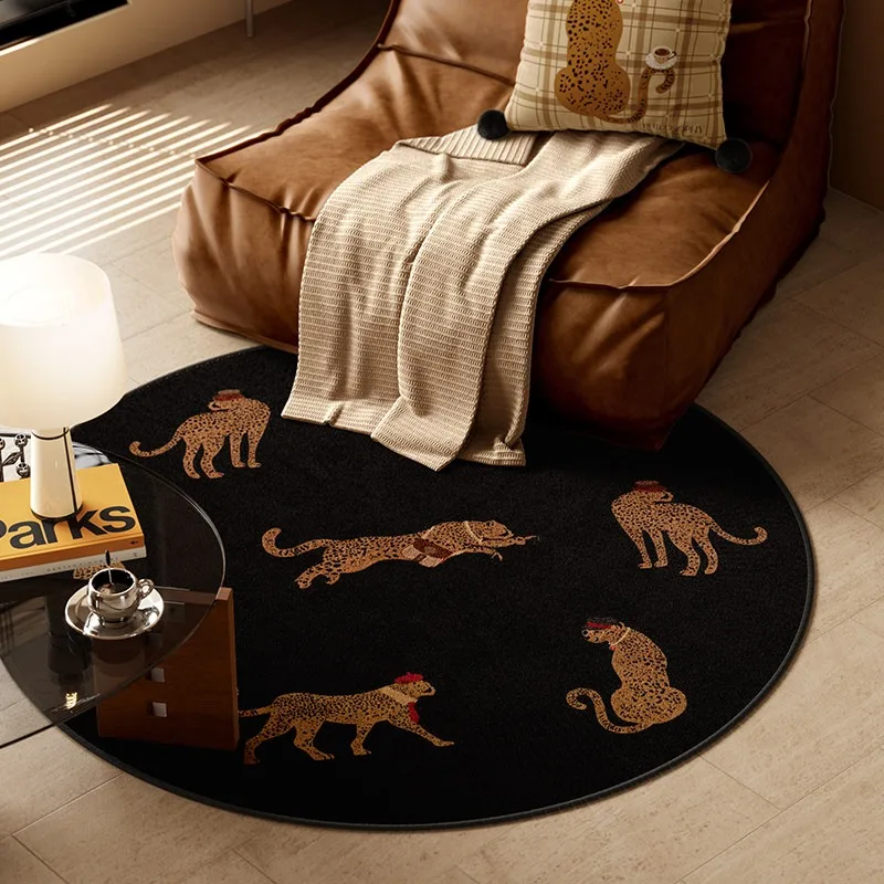 Round Living Room Rug Non-slip Machine Washable Floor Mat Black Leopard Carpet Large Size Rugs Soft Comfortable Home Decor Mats