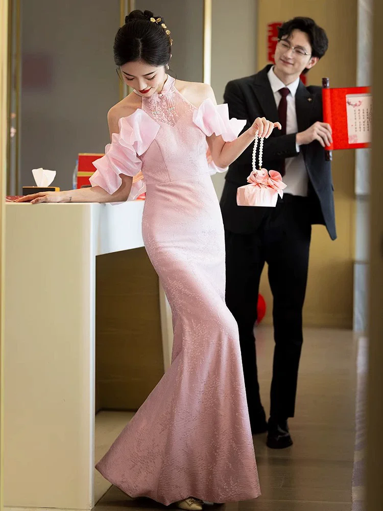 فستان زفاف الزفاف النمط الصيني الجديد ملابس الخطوبة نخب مثير سليم ذيل السمكة شيونغسام موضة مطرزة رائعة تشيباو #2