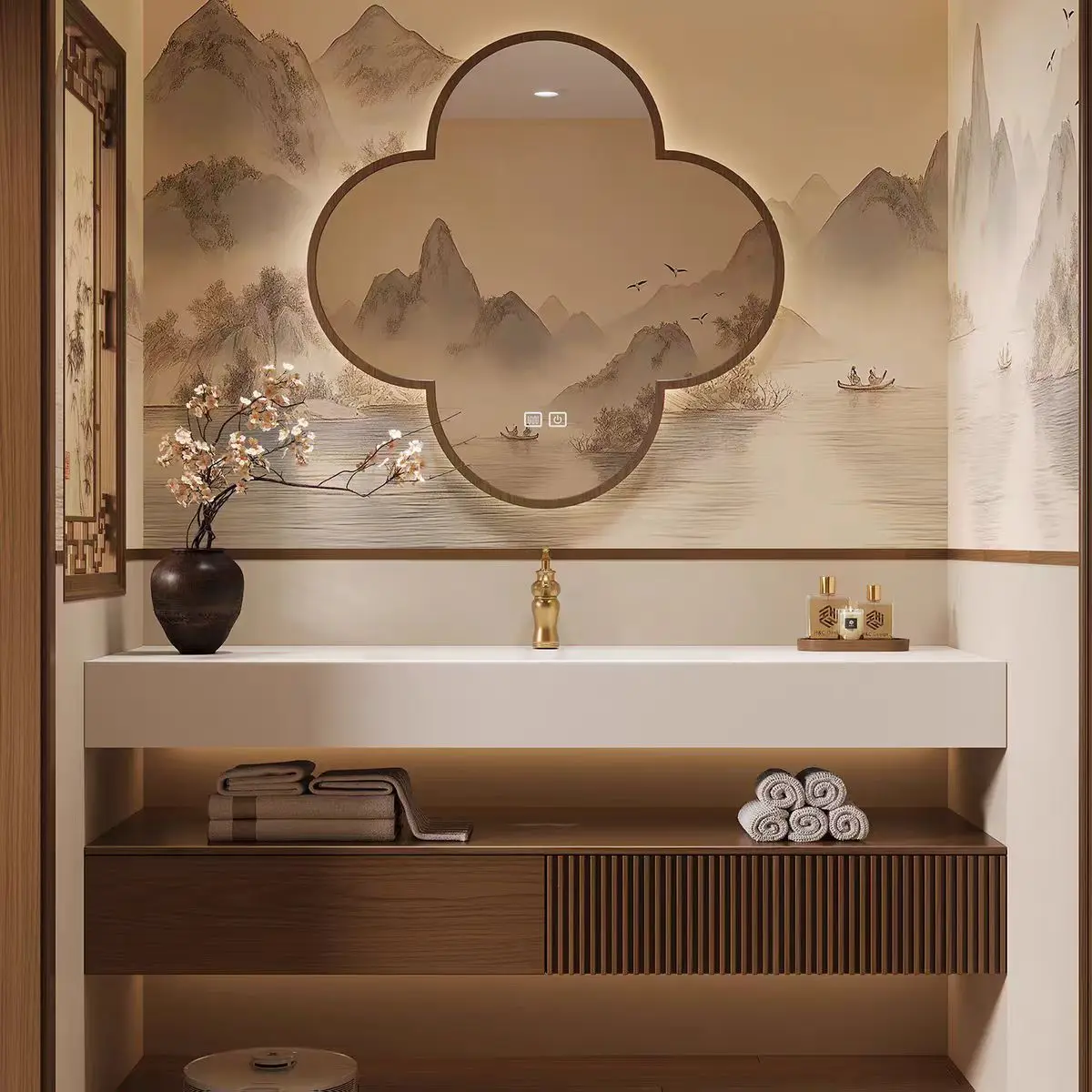 Song's Aesthetics New Chinese Oak Bathroom Cabinet Combination Bathroom Slate Ceramic Integrated Basin Bathroom