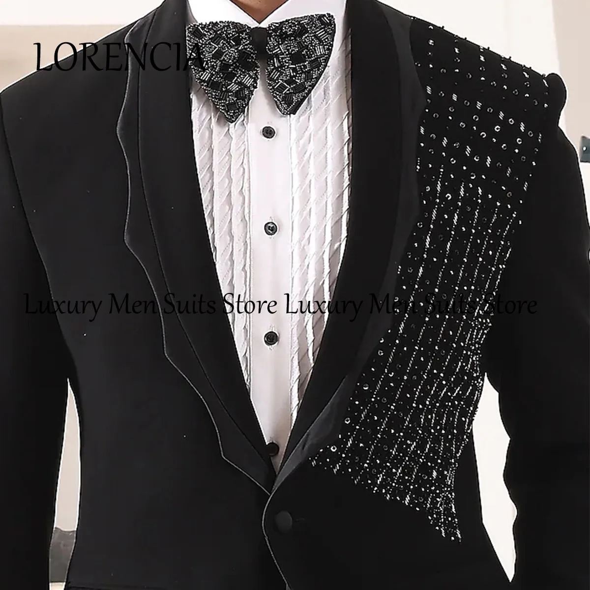 Trajes formales de diamantes brillantes para hombre, esmoquin con solapa con muescas de cristal para novio, Blazers de boda y graduación, pantalones, traje Masculino Completo