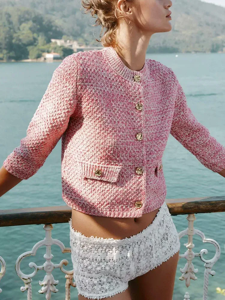 Casaco E de Malha Slim Fit de Manga Longa Novo Outono 2025 com Botão Único Moda Fena Estilo Europeu Cardigan Aberto