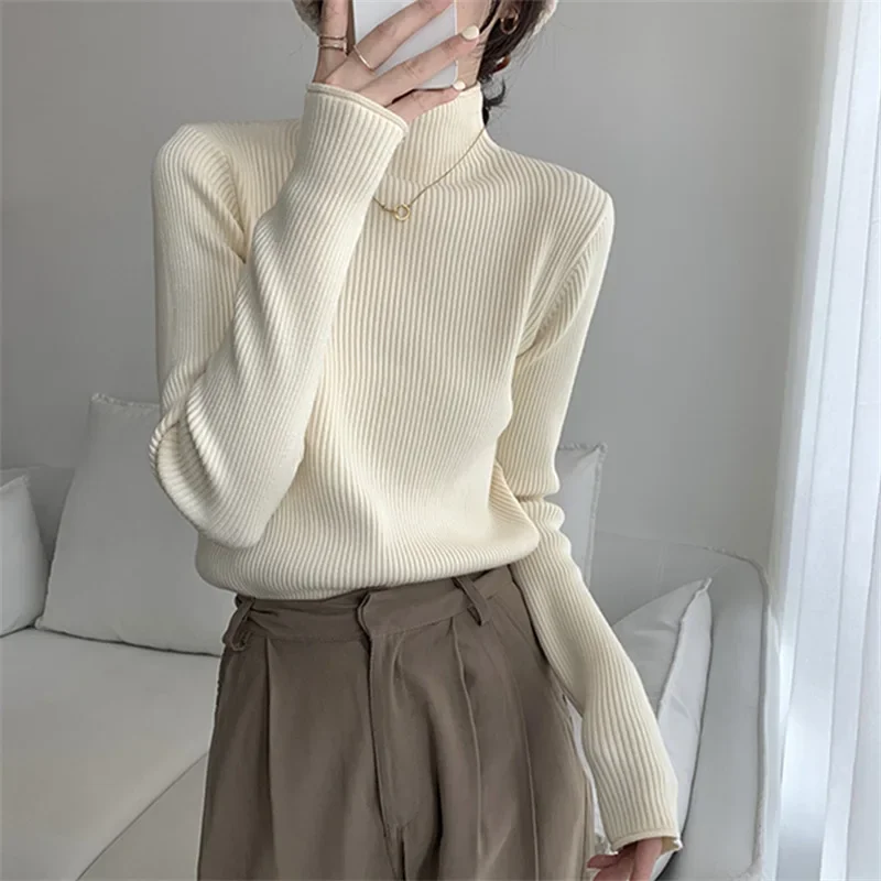 

Pullovers Slid Knitted Jumpers Turtleneck Long Sleeve Women Sweater Autumn Loose Fit Striped Sweaters Slight Strech Basics