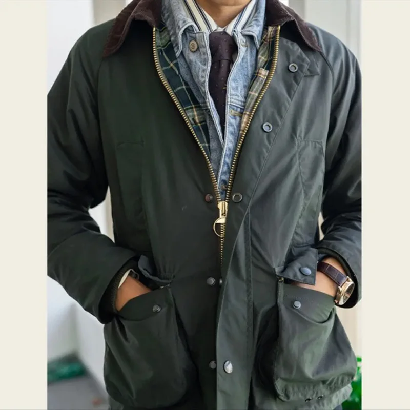 American Vintage Casual Hunting Waxed Jacket Autumn 100% Cotton Washed Waterproof England Style Men's Workwear Trench Coat
