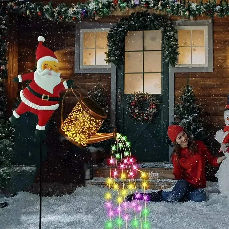Solar Garden Light Santa Claus Metal Watering Can with Colorful Waterfall LEDs for Courtyard Lawn Christmas Decoration