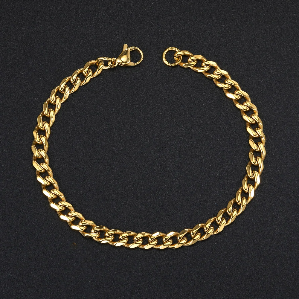 Gold Color Stainless Steel Bracelet For Men Hip Hop Jewelry Simple 5MM Miami Cuban Chain Chunky Hand Chain Gift Wholesale KAH017