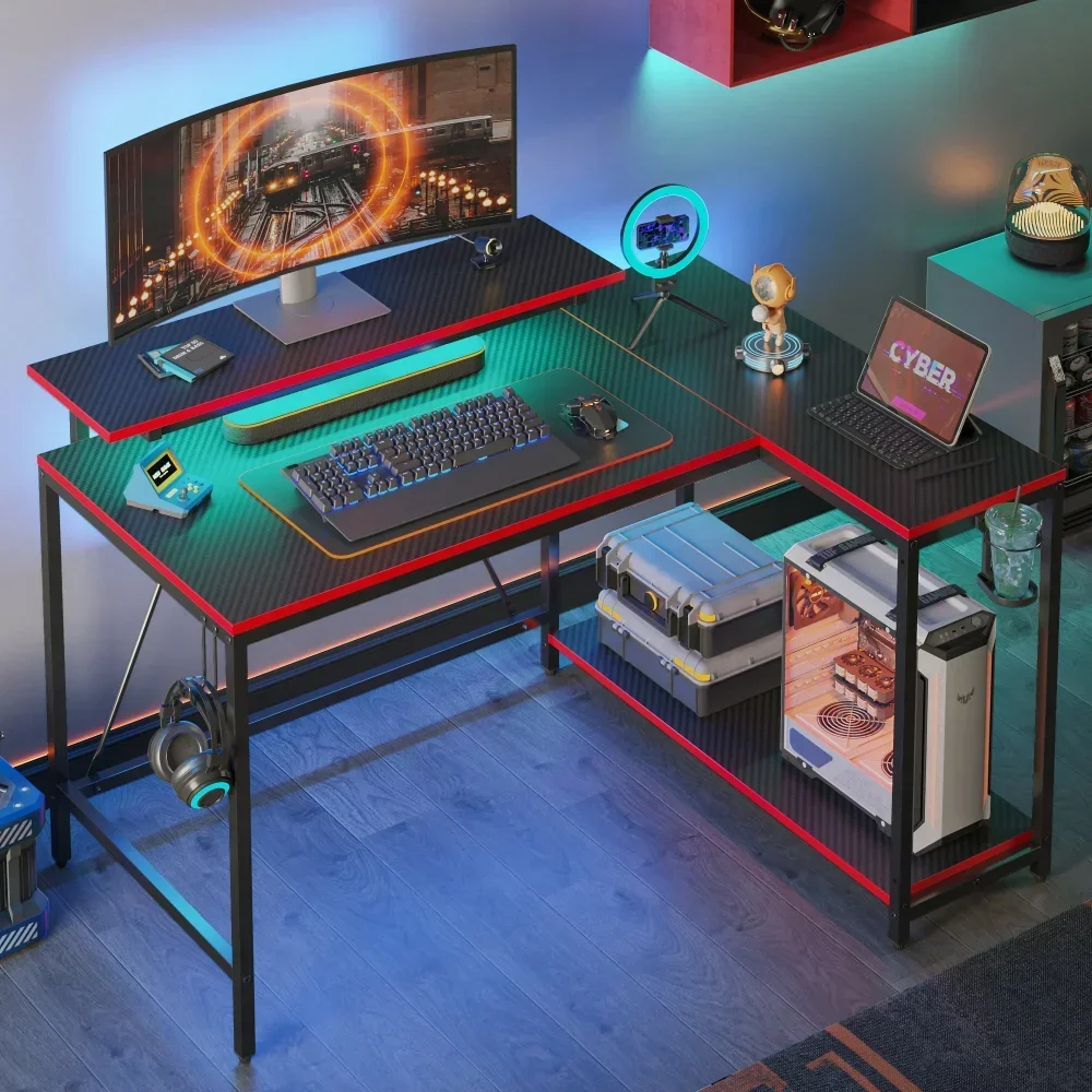 

42" Reversible L-Shaped Gaming Desk with Monitor Stand, LED Lights& Headset Hooks, Office, Sturdy and Durable, Computer Desks
