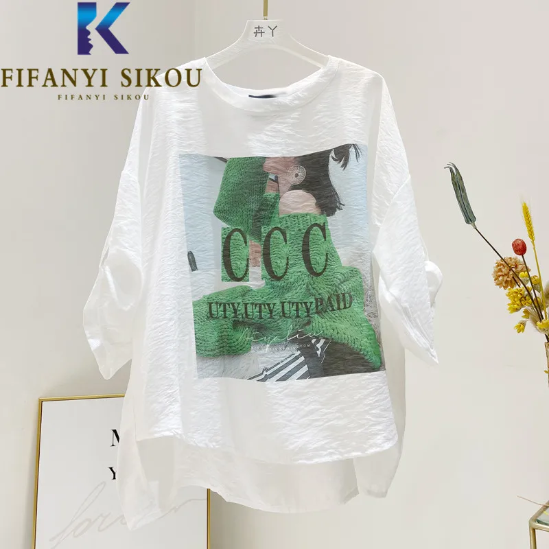 

2022 Summer T-Shirt Women Asymmetrical Loose Fashion Print T Shirt High Quality O-Neck Half Sleeve Tees Casual Tops Female