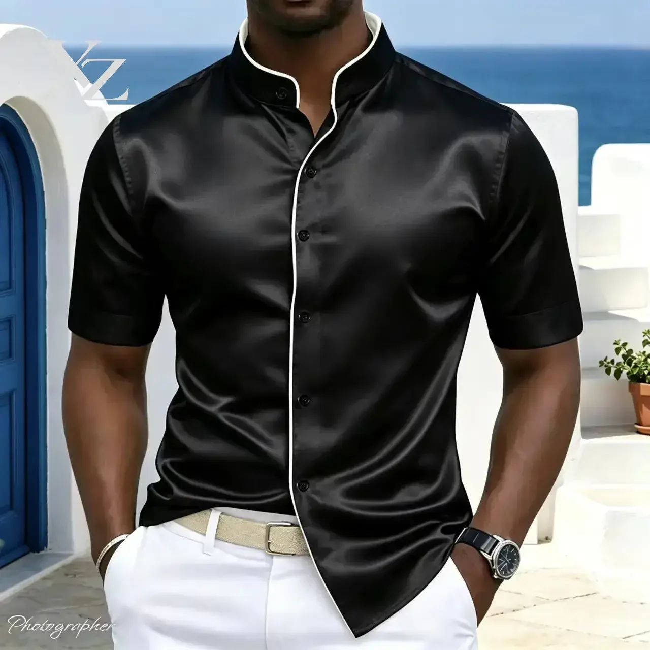 Premium Men's Short Sleeve Satin Mandarin Collar Button Down Dress Shirt with Contrast Piping for Wedding Business Party