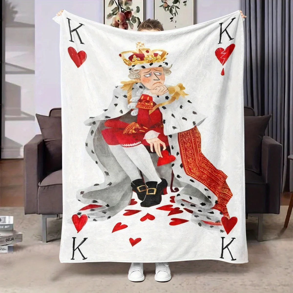 

Red White King of Hearts Flannel Throw Soft Warm AllSeason Blanket for Sofa Travel Nap Shawl Modern Digital Print