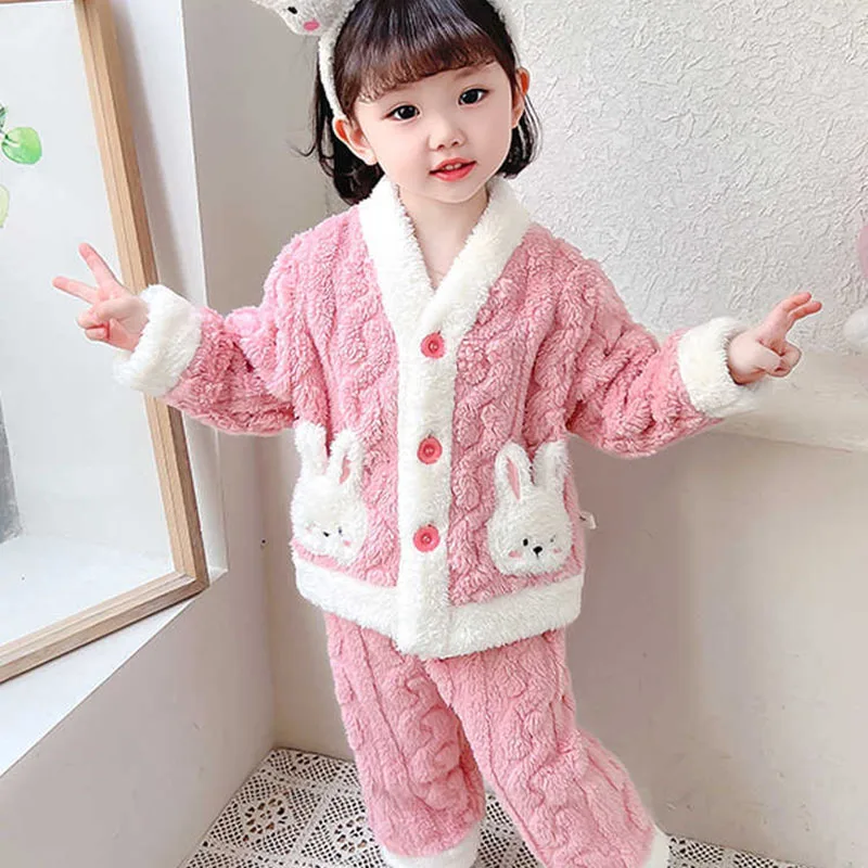 Mädchen-Pyjama-Set für Herbst und Winter, Flanell, Baby-Mädchen-Strickjacke, gepolstert, verdickt, warm, Korallen-Samt, Homewear, niedliches Kaninchen, langärmelig