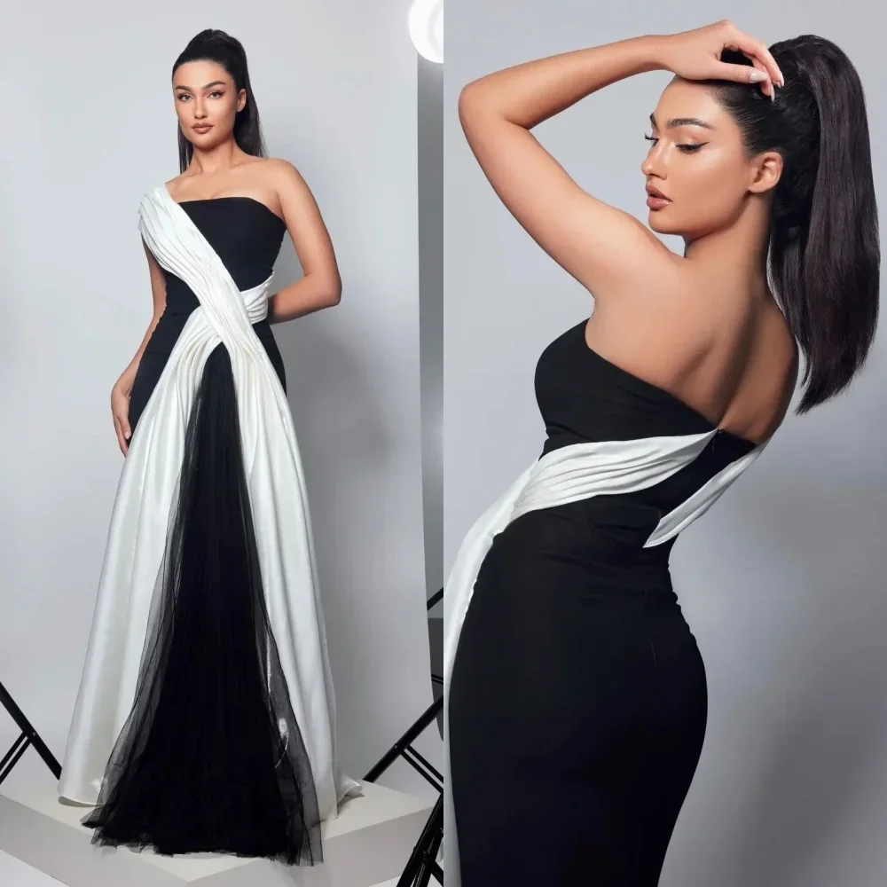 

Simple Black White Prom Dress Elegant Women High Quality One-shoulder Sheath Evening Dresses Soutache Ribbon Satin Customized