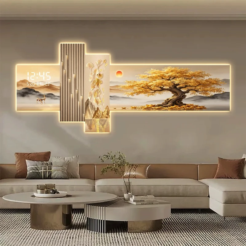 Money Tree LED Decorative Paintings Electronic Wall Clocks Plant Hanging Paintings Clock Wall Lamp Painting Home Decor Watch