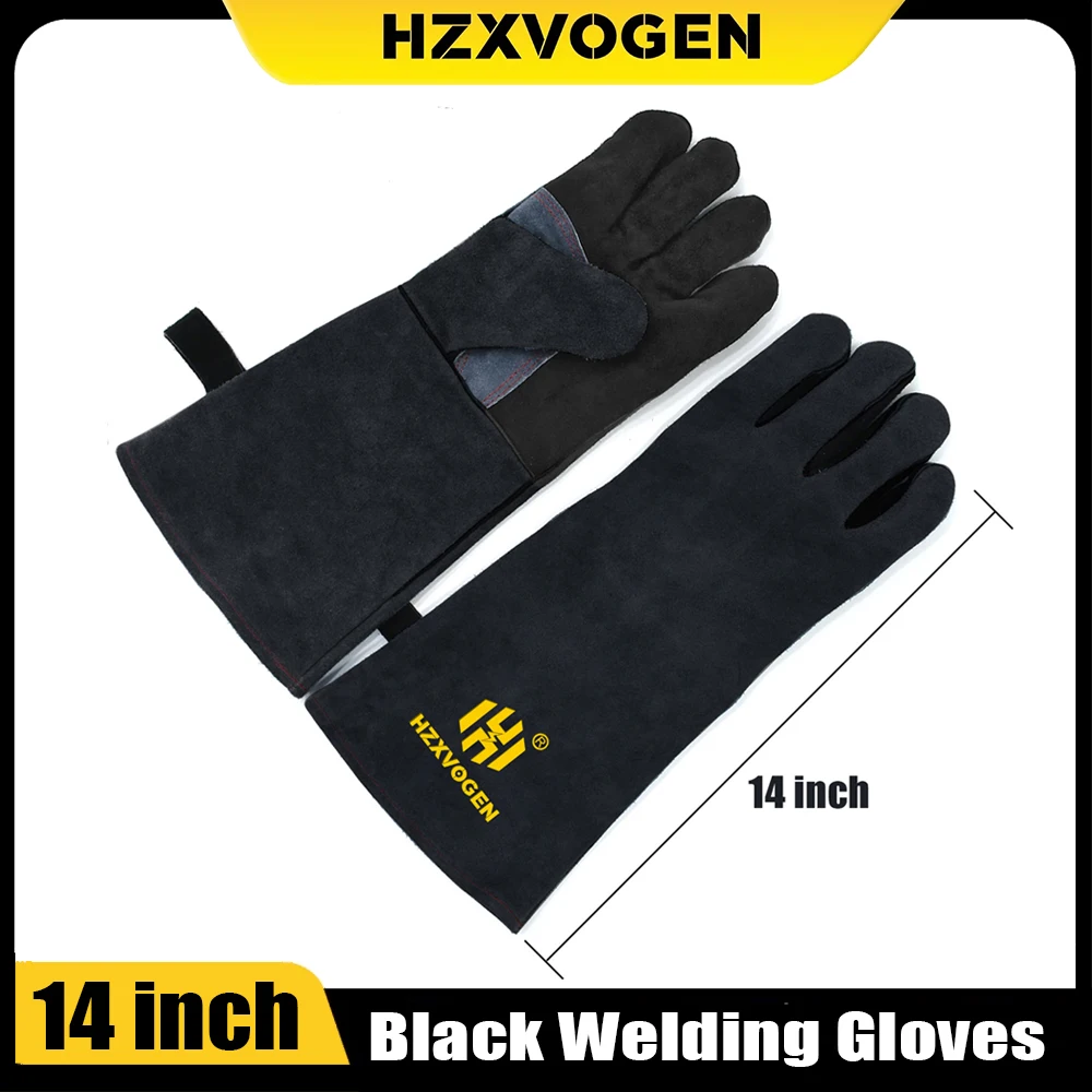 HZXVOGEN Schwarze 14-Zoll-Schweißhandschuhe für ARC MIG TIG Schweißen, Ofenbacken, hitzebeständige Arbeitshandschuhe gegen Tierbisse