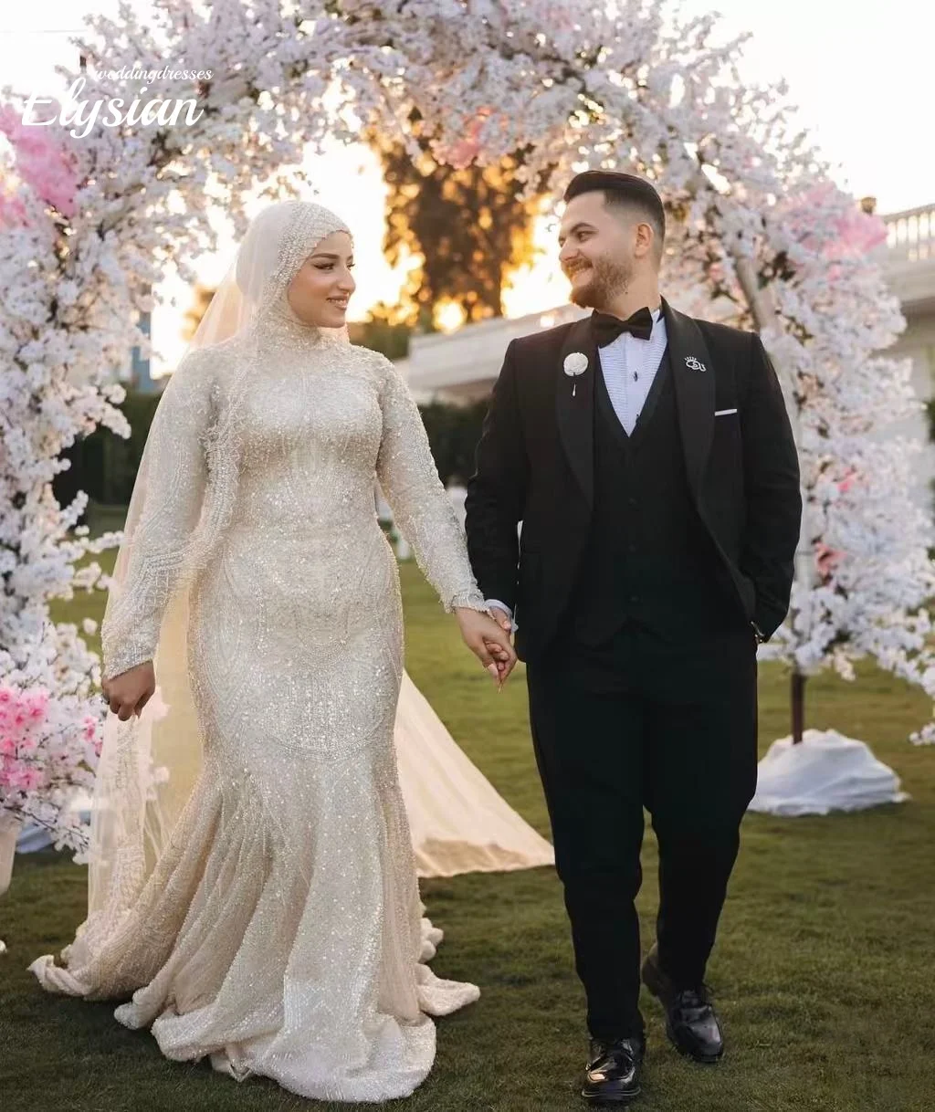 Robe de soirée arabe personnalisée, col haut, manches longues, paillettes, grande taille, style sirène, robes de bal de mariage