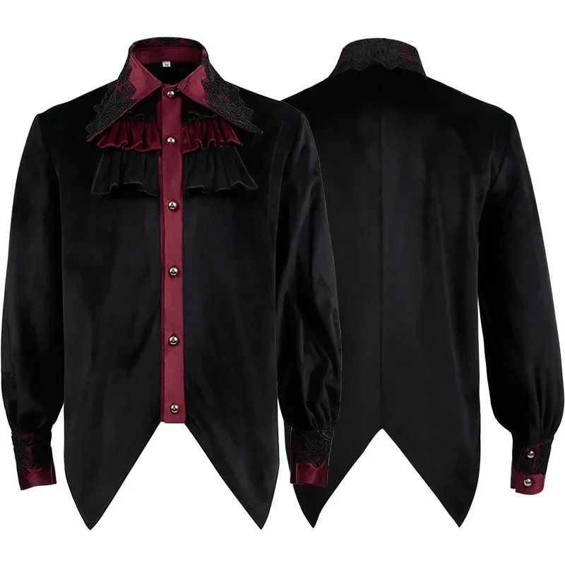 Medieval Pirate Shirt Men's Vampire Costume Steampunk Victorian Velvet Pleated Lace Shirts Court Stage Theatre Show Blouse Top