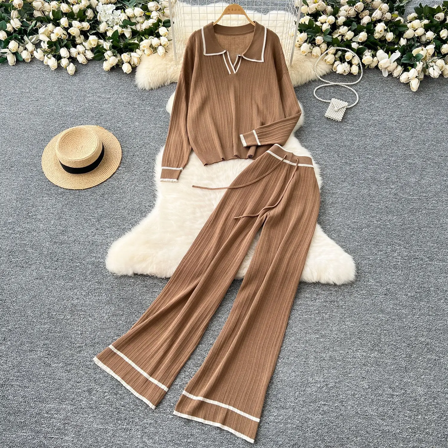 

Pant Set Women Two Piece Sets Full Sleeve Turn Down Collar Tops Wide Leg Long Pants Y2k Streetwear Work High Waist Autumn Winter