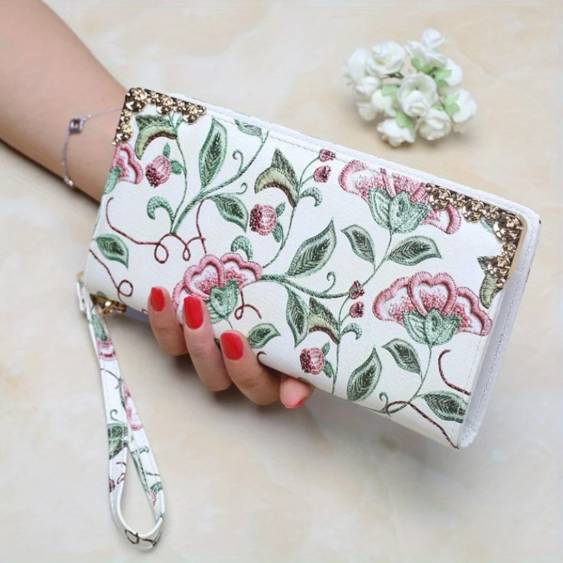 Ethnic Classic Flowers Pattern Long Wallet, Zipper Around Coin Purse, All-Match Aesthetic Coin Purse With Wristband