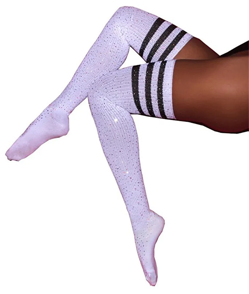 Glitzernde Overknee-Strümpfe mit Strass und Streifenmuster für Damen – Modisches Accessoire für Studentinnen – Detail 29