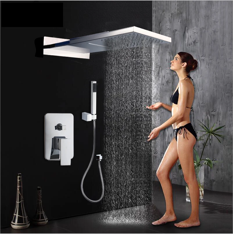 ZAPPO  Golden Plated Bathroom Shower Taps Set Shower Hand Rainfall Shower Head Tap Waterfall 3 Fuctions Shower Set Mixer Faucets