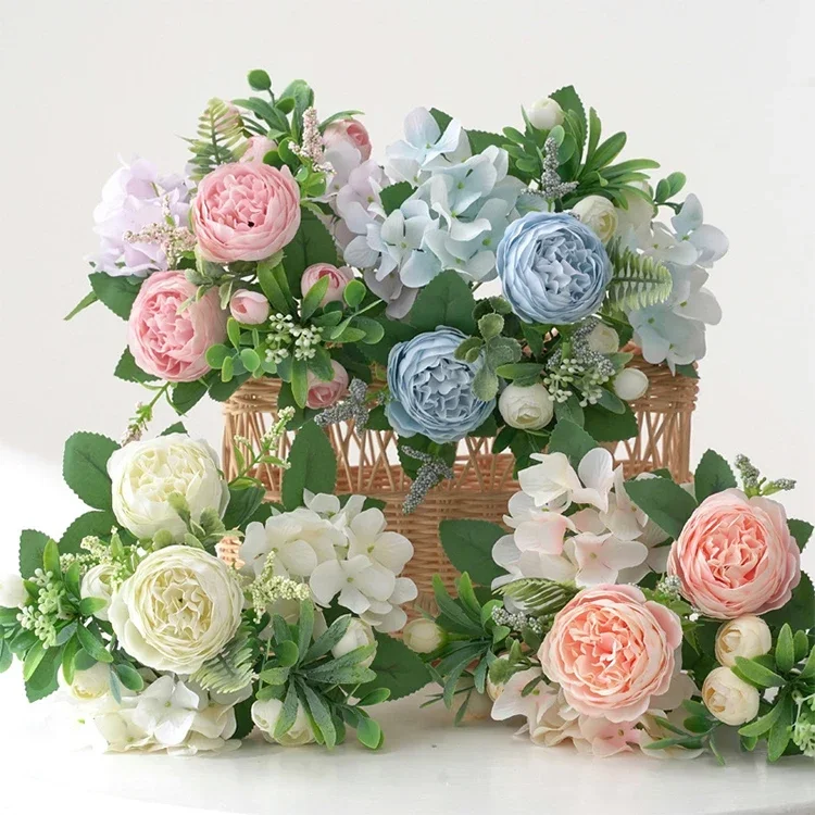 Blaue Seidensträuße, künstlicher Wald, Hortensie, Pfingstrosenknospe, Hochzeit, Braut, Handstrauß, Hausgarten, Desktop, Blumenarrangement, Dekor