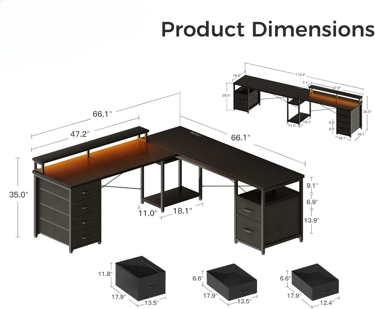 L Shaped Computer Desk 113 Reversible Home Office Desk with File Cabinet  4 Fabric Drawers Two Person Desk with LED Lights