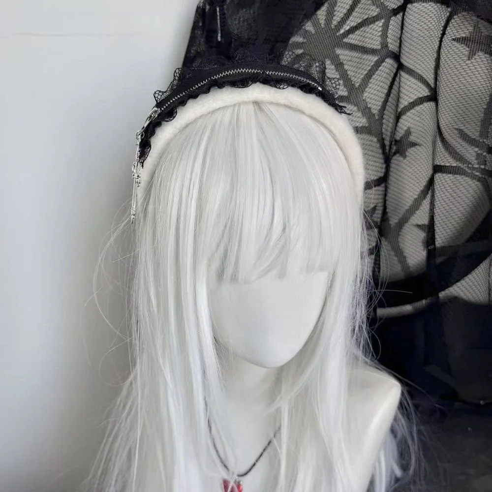 Y2K Gothic Lolita JK Cerchietto per capelli con bordo increspato KC Donna Ragazza Cosplay Fasce per capelli nere scuri Accessori per capelli Landmine