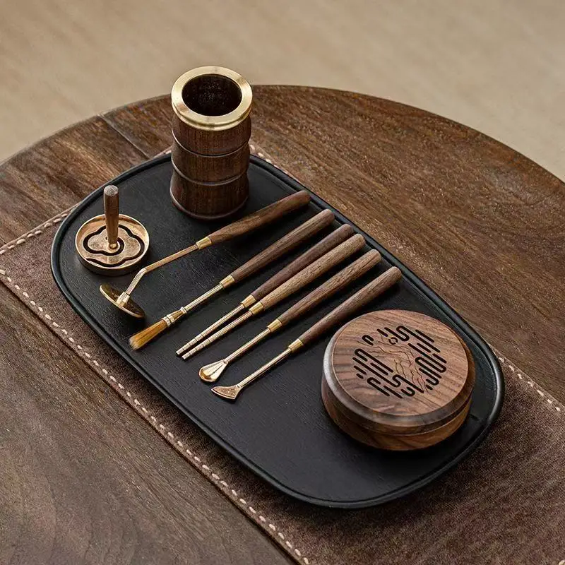 Vintage Black Walnut Incense Burner Set Beginner Fragrance Seal Mould Tools Zen Home Office Hotel Powder Incense Holder Kit Gift