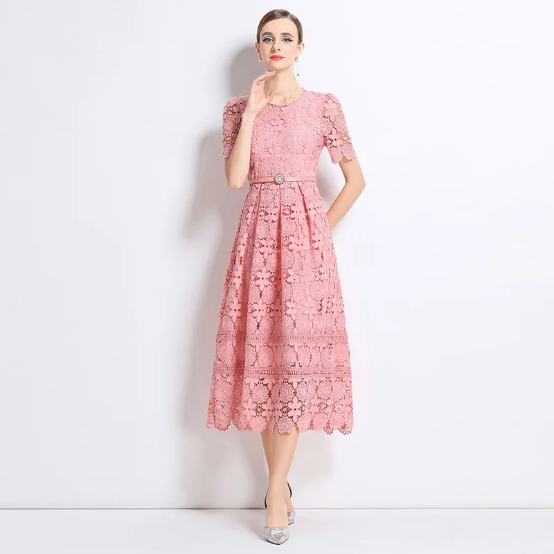 Vestido Retro francés de encaje Soluble en agua, elegante vestido elegante para mujer, vestido de manga corta con cuello redondo, vestidos informales versátiles para oficina