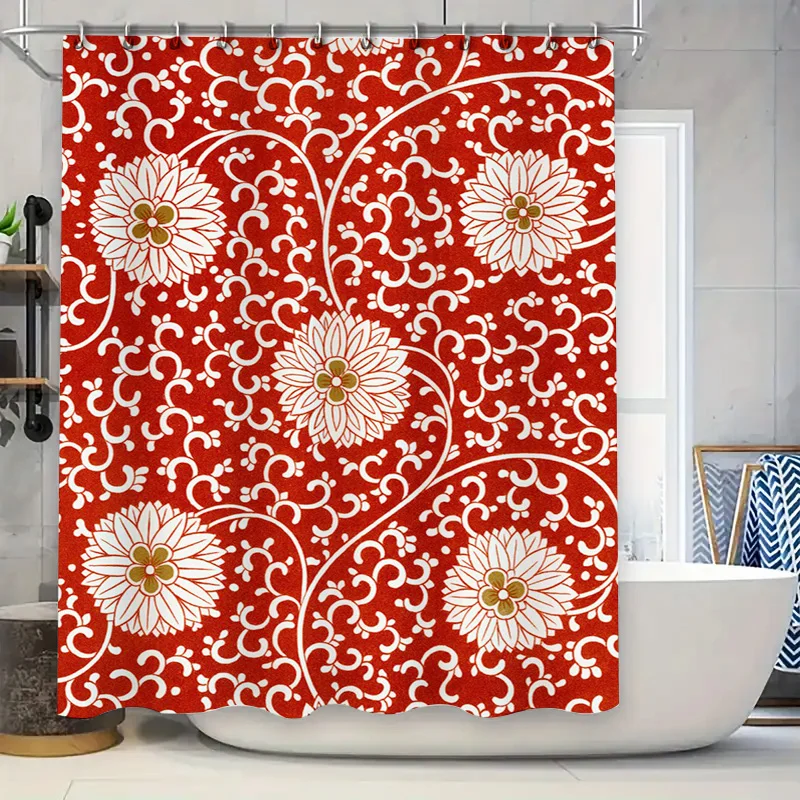 

Декоративные занавески для ванной с цветочным принтом, красно-белый принт, занавеска для душа для украшения ванной комнаты, водонепроницаемая ткань с крючком, набор колец