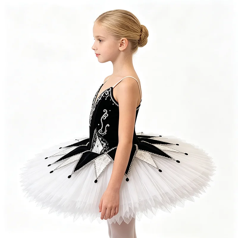 Womens Thin Strap V Neck Ballet Tutu Performance Dress Silver Rhinestone Octagonal Star Contrast Patch Trim Black White Simple G