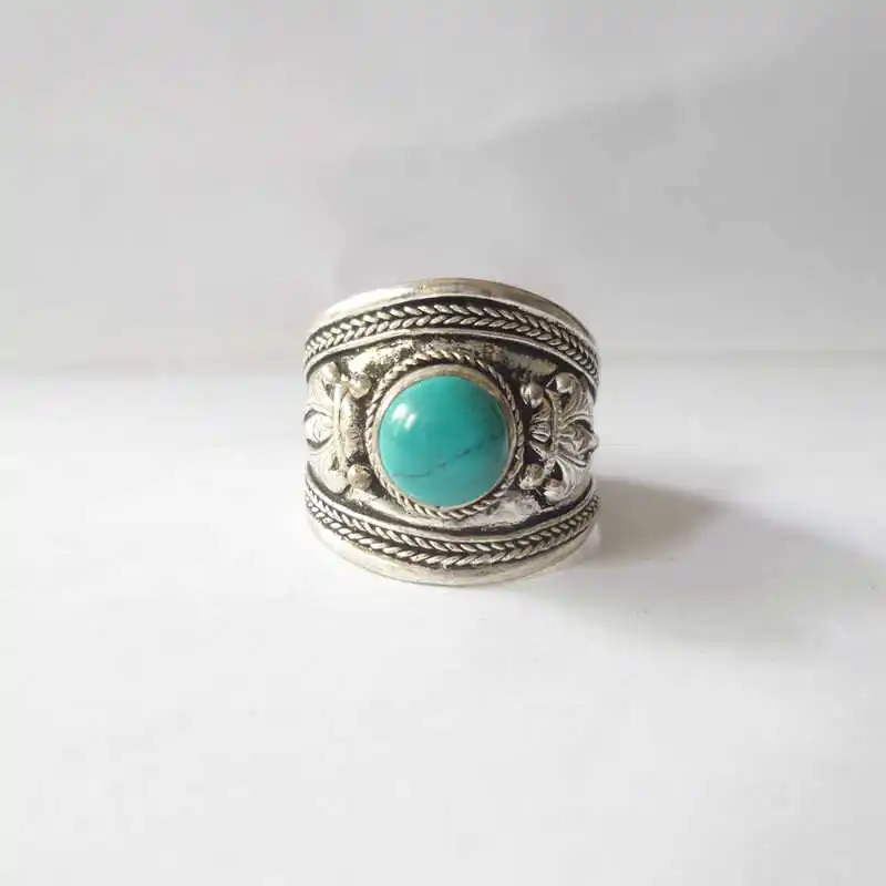 Tibetan Rings for Man Metal Copper Inlay Simulated Turquoise Open Ring Tibet Dorje Amulet R137