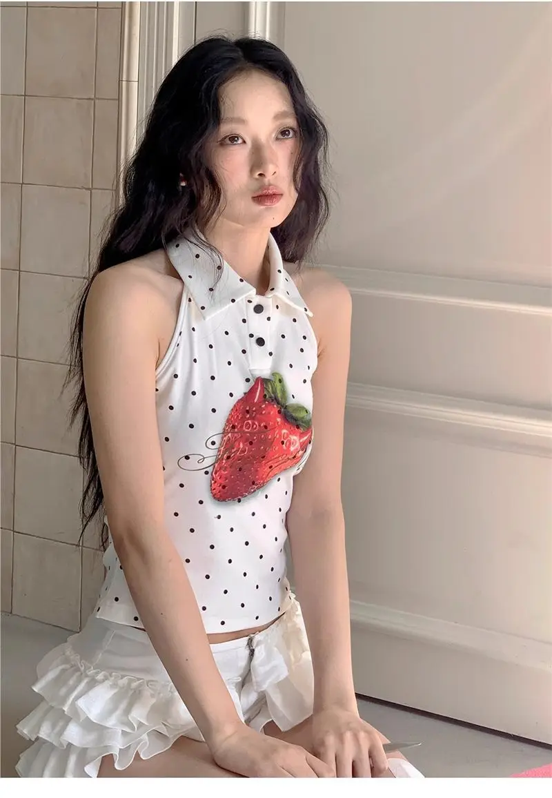 Fashion Cute Girl Black White Polka Dot Little Devil Corner Strawberry Spicy Girl Hanging Neck Backless Vest Top