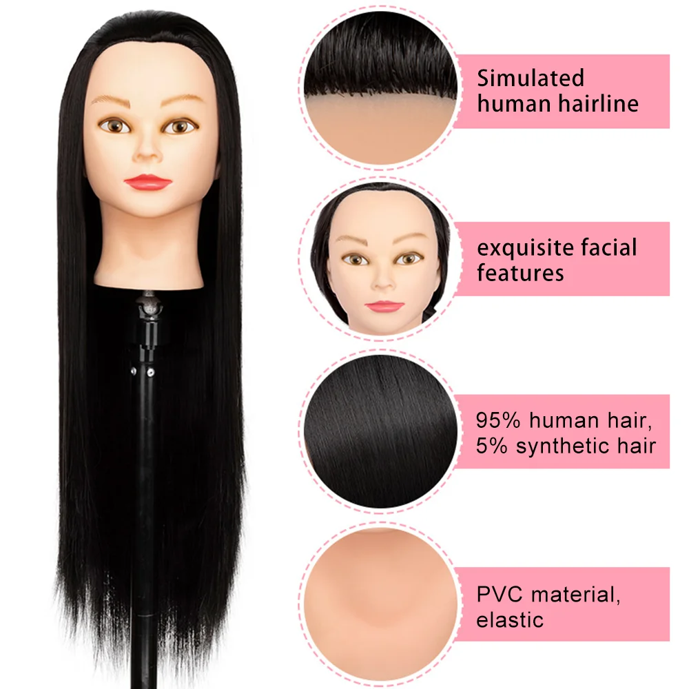 Cabeza de Maniquí de cabello humano 95% para peluquería, cabeza de muñeca para práctica de peinados, 20 pulgadas