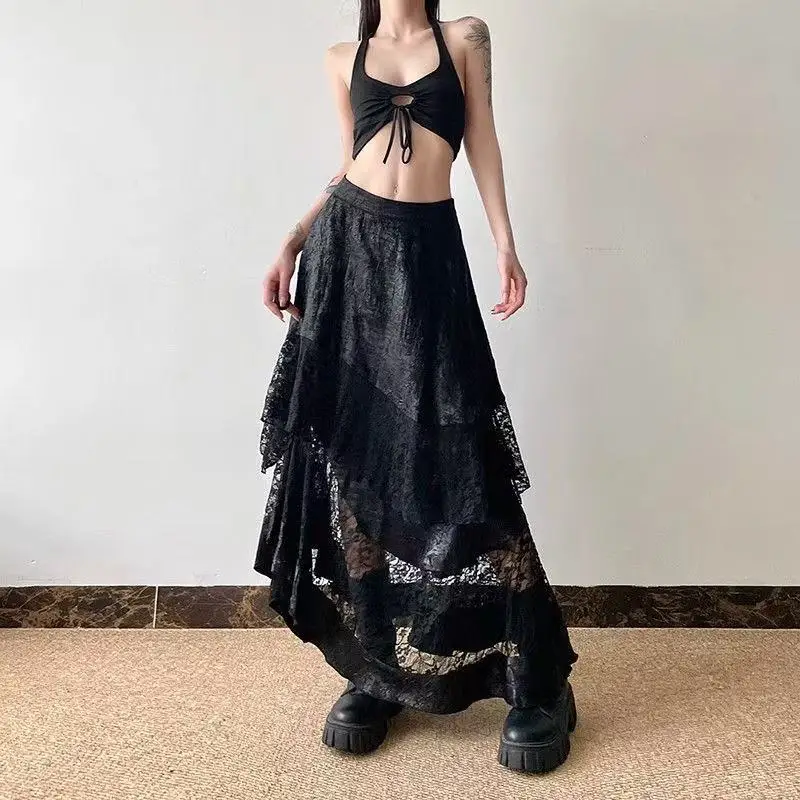 

Dark Lace Patchwork Skirt with Irregular High Waist and Knee Length Fishtail Cake Skirt