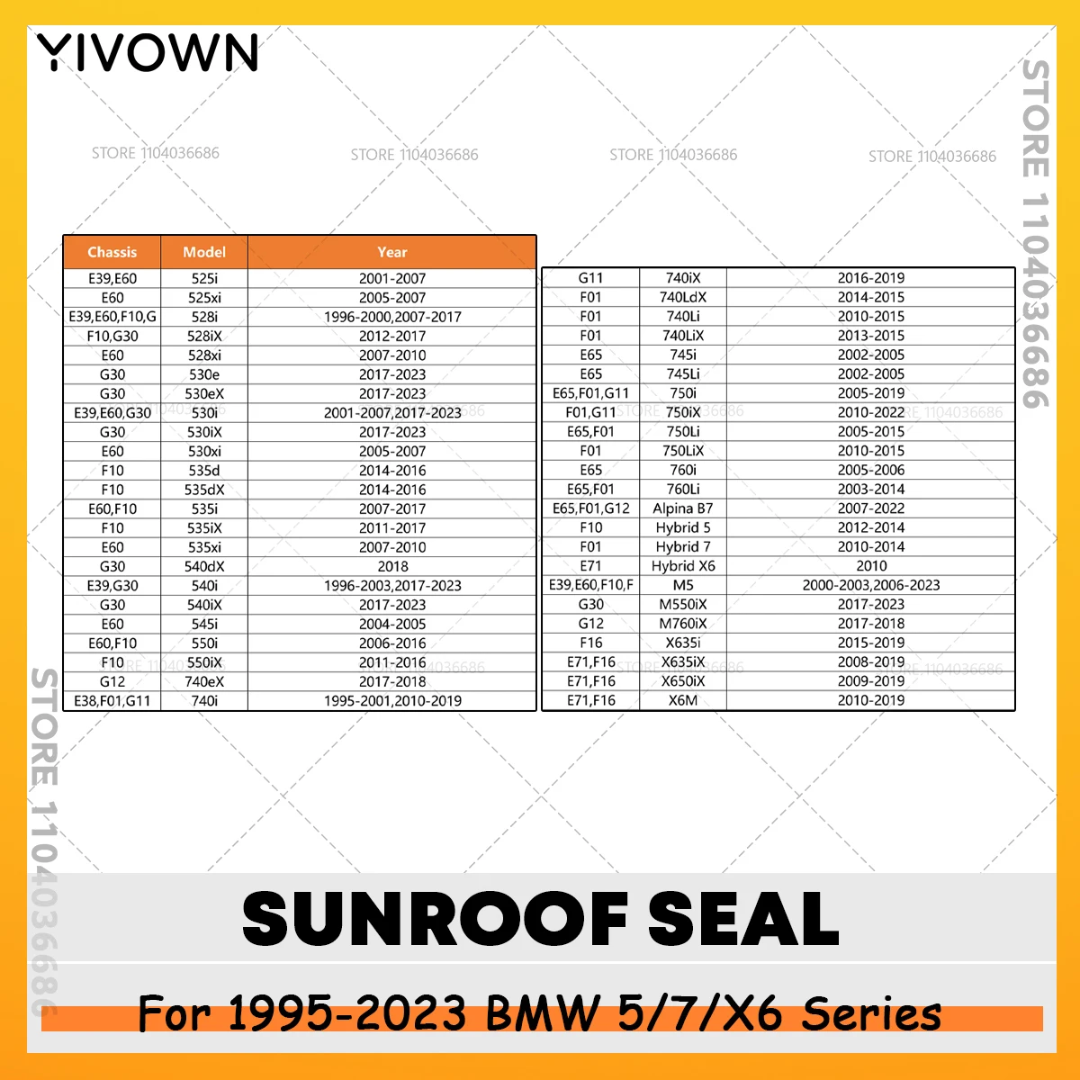 For 1995-2023 E38 E39 E60 E65 E71 E90 F01 F10 F12 F16 F90 G11 G12 G30 BMW 5/7/X6 Series Sunroof Seal Lenght 2980 Mm 54107245551