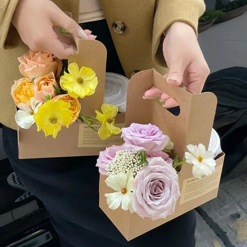 Thickened Brown Kraft Paper Coffee Cup Holder Takeaway Box Floral Arrangement DIY Packaging Tea Milk Tea Cup Tray Handheld Box