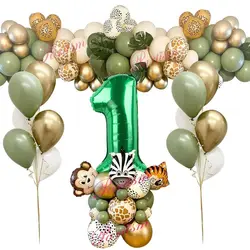 1set Wild Animal Balloon Tower with 1-9 Green Number Balloons for Kids Jungle Safari Birthday Party Decoration DIY Supply